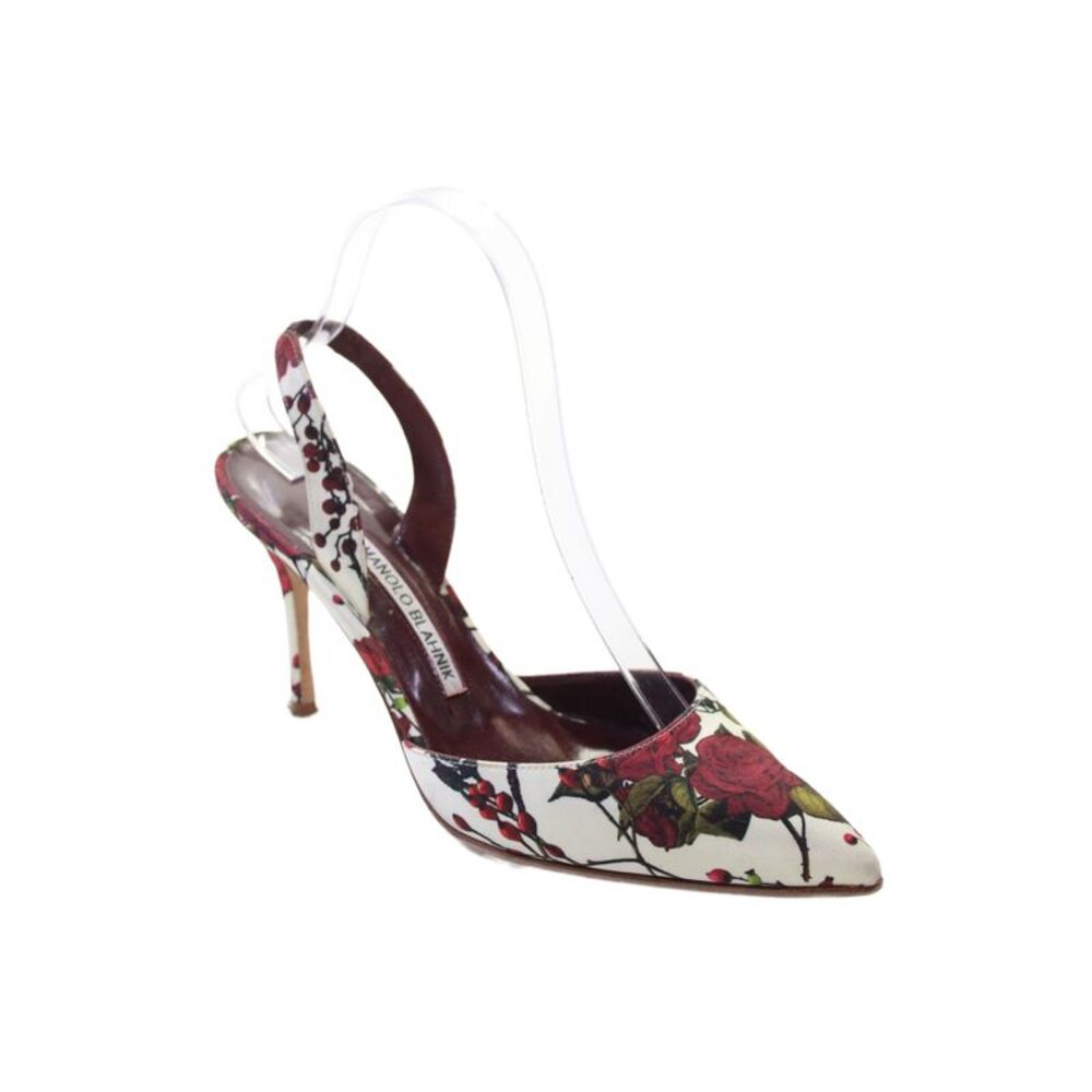 Manolo Blahnik Womens Stiletto Canvas Floral Slingback Pumps White Red Size 37.5